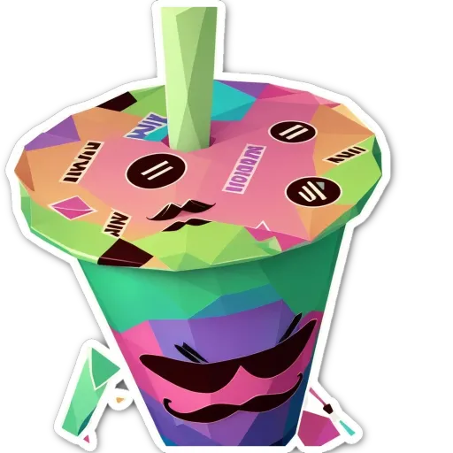 A colorful drink with a wafer on top with a mustachioed face drinking from a green straw.