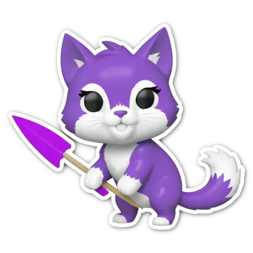 A purple and white cat holding a toy sword.