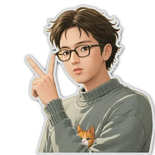 A boy wearing a sweater and glasses gives a peace sign.