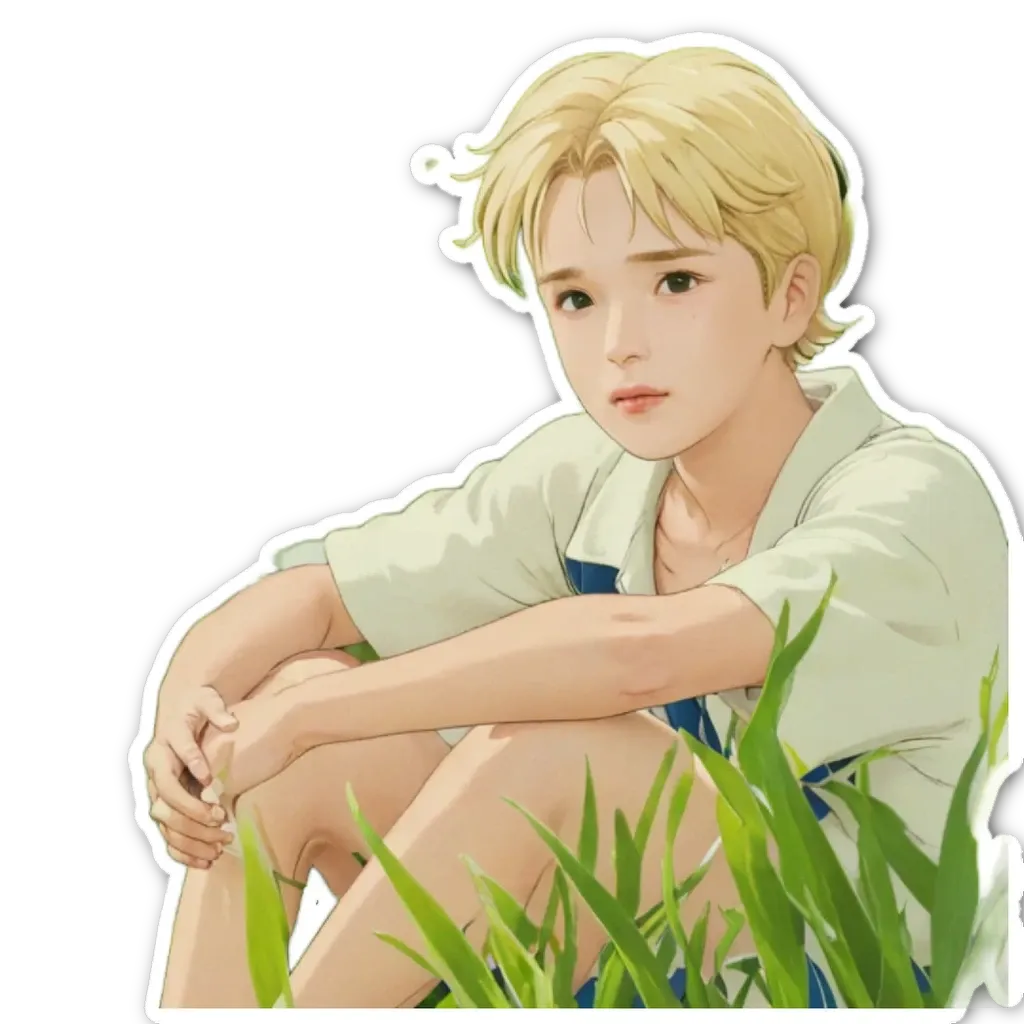 An anime character sitting in grass with his hands on his knees.