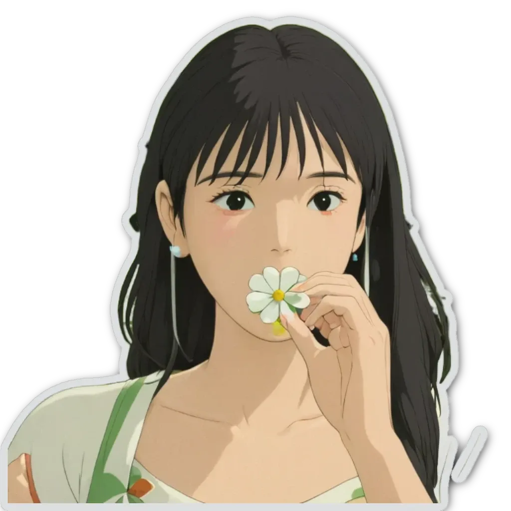 A woman is holding a daisy in her right hand.