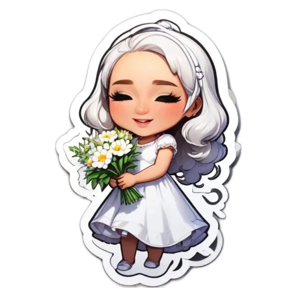 A girl wearing a white dress holding flowers.