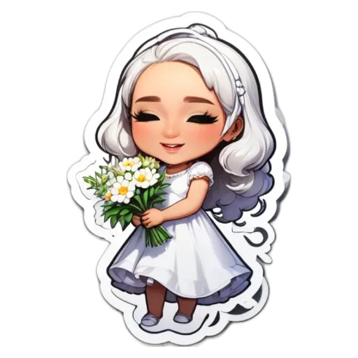 A girl wearing a white dress holding flowers.