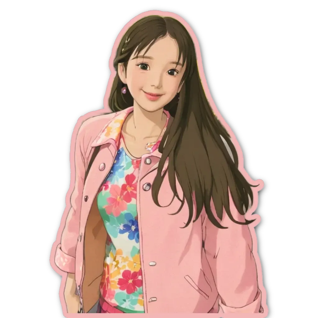 A cartoon drawing of a girl wearing a pink jacket.