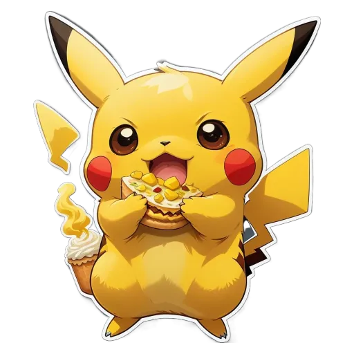 A cartoon image of a Pikachu eating a slice of pizza.