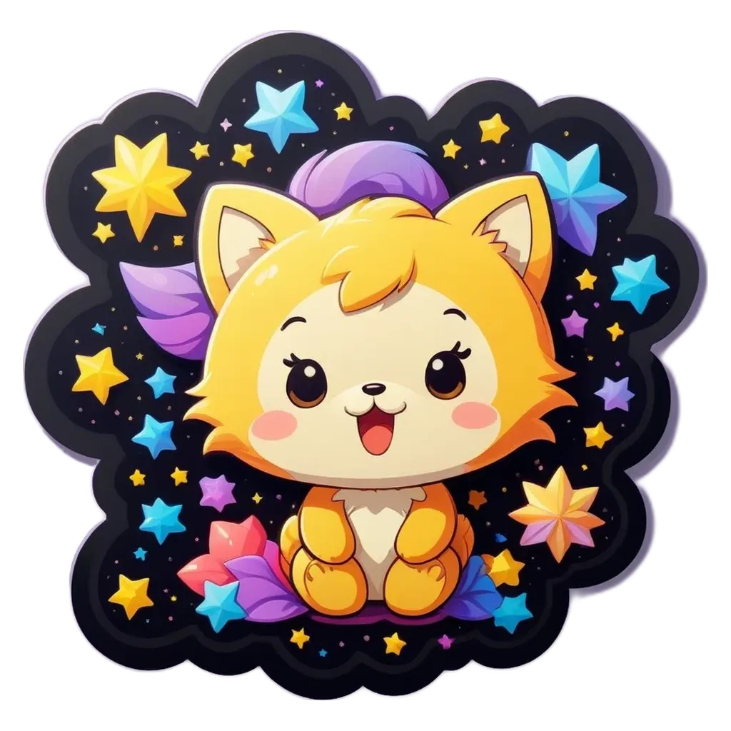 A cartoon cat sitting among stars on a black background.