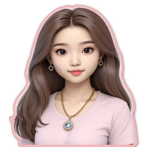 A cartoonish image of a girl wearing a necklace.