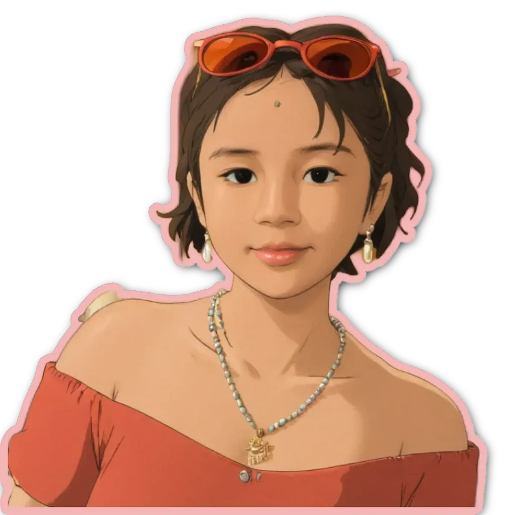 A cartoon drawing of a girl wearing a necklace and sunglasses.