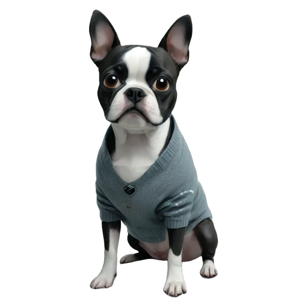 A black and white dog in a sweater sitting on a black background.