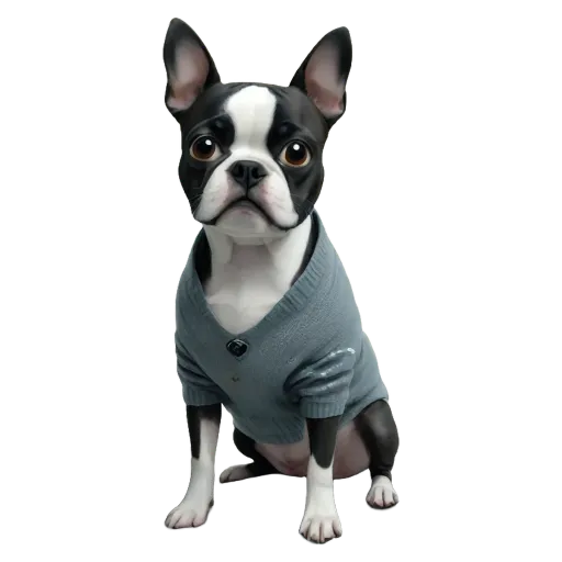 A black and white dog in a sweater sitting on a black background.