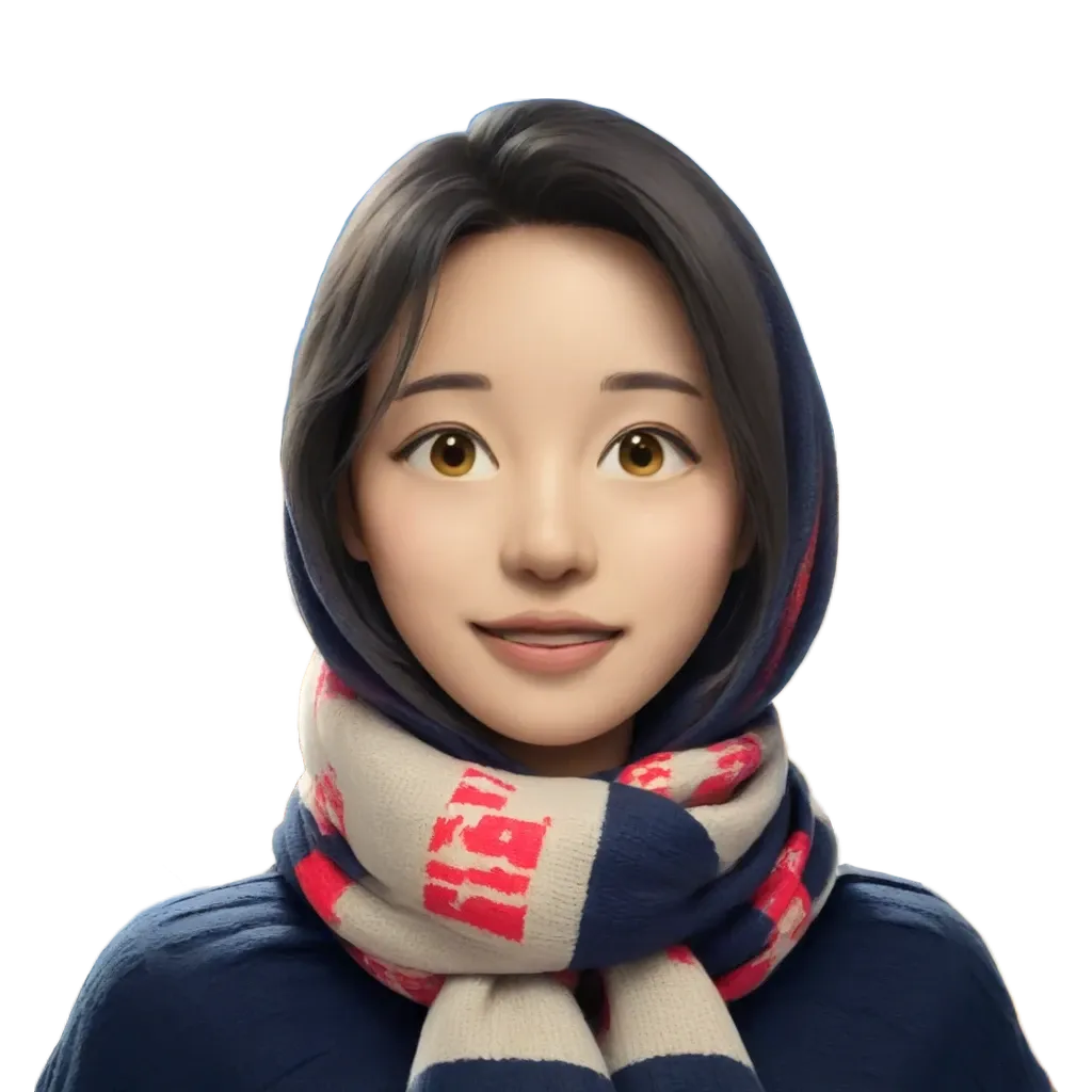 A girl wearing a blue and red scarf.