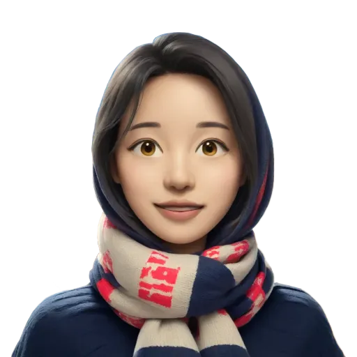 A girl wearing a blue and red scarf.