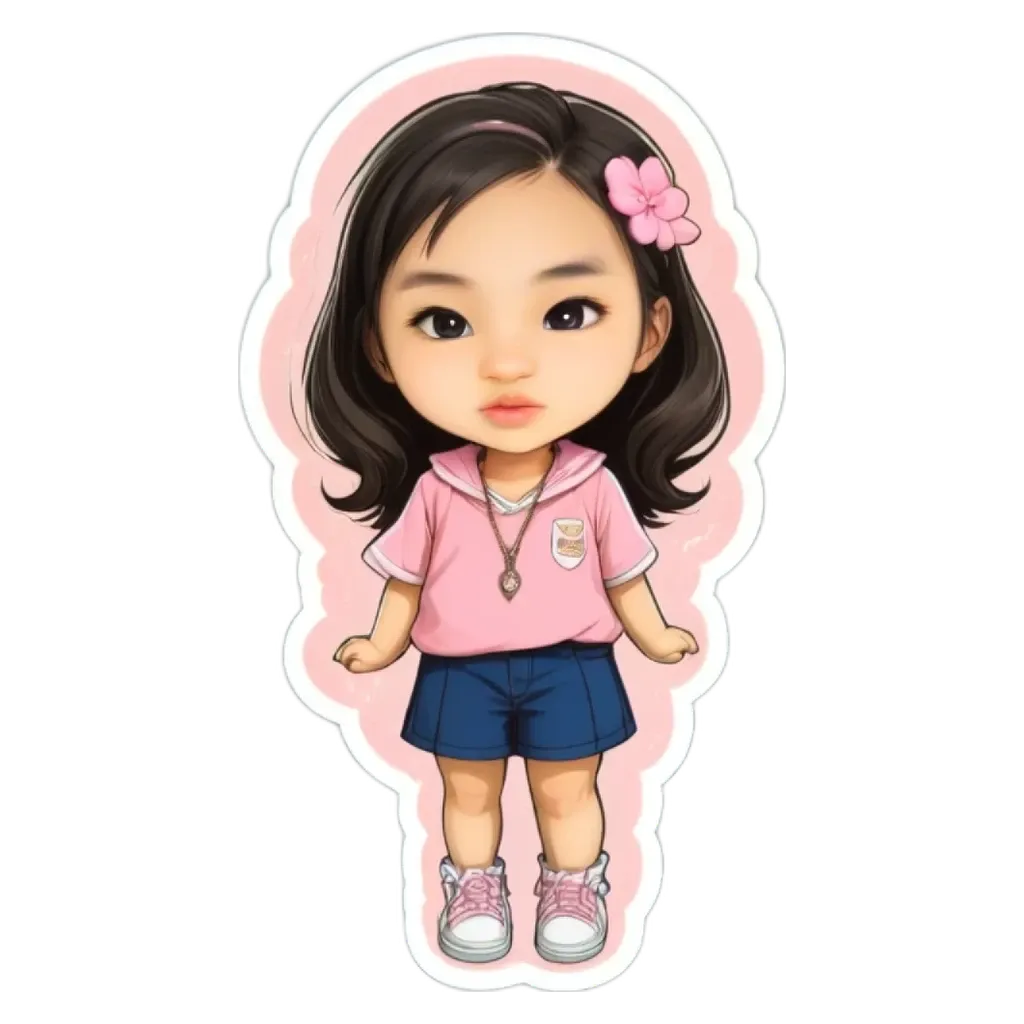 A girl with a pink shirt and blue shorts that say Nippon on them.