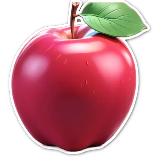 A sticker of an apple with a green leaf.