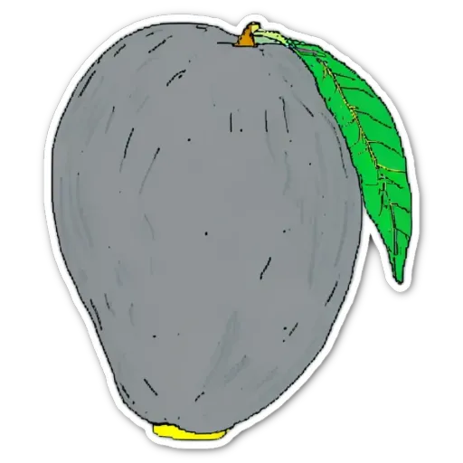 A grey colored sticker of a pear with a green leaf on top.