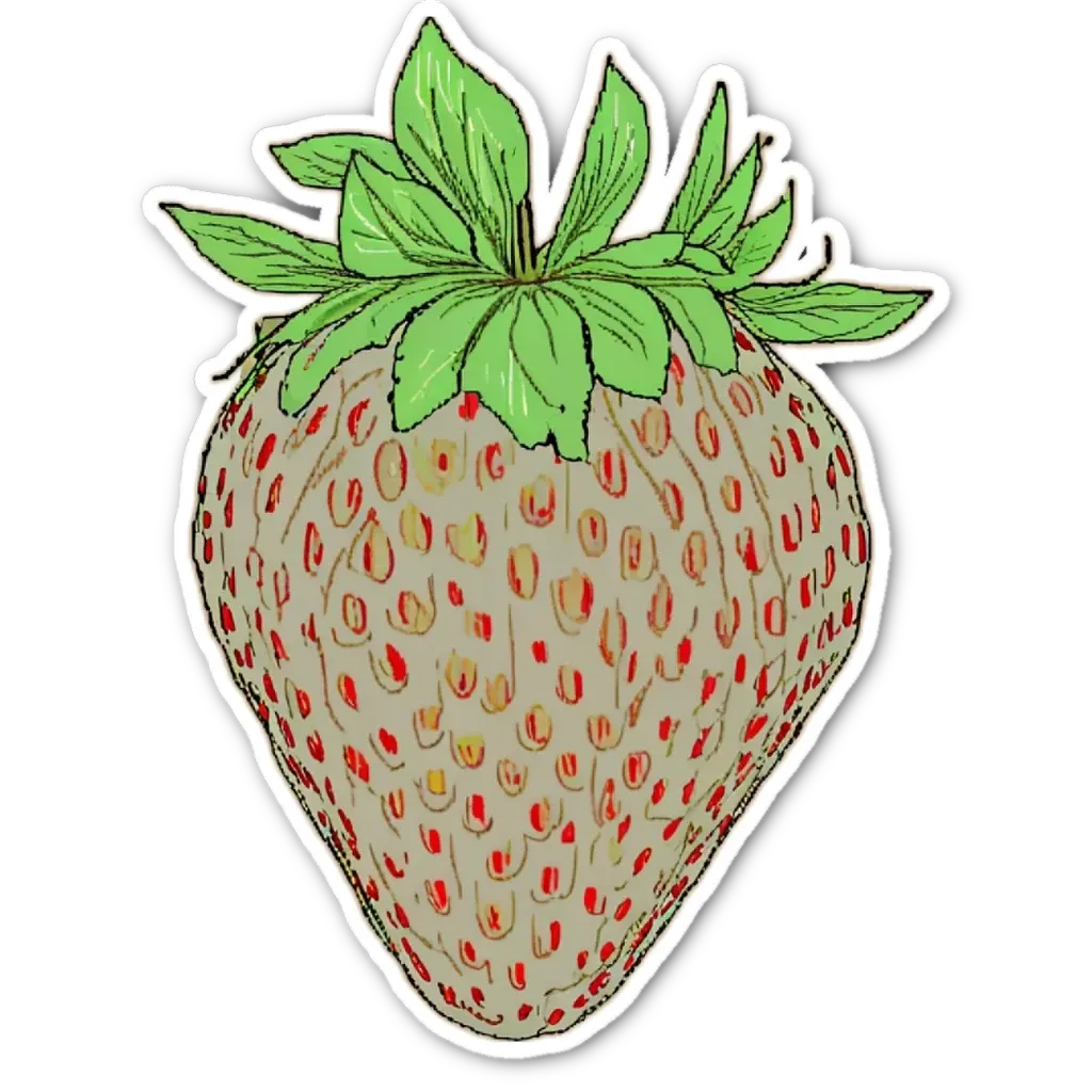 A cartoon drawing of a strawberry with red and green dots on it.