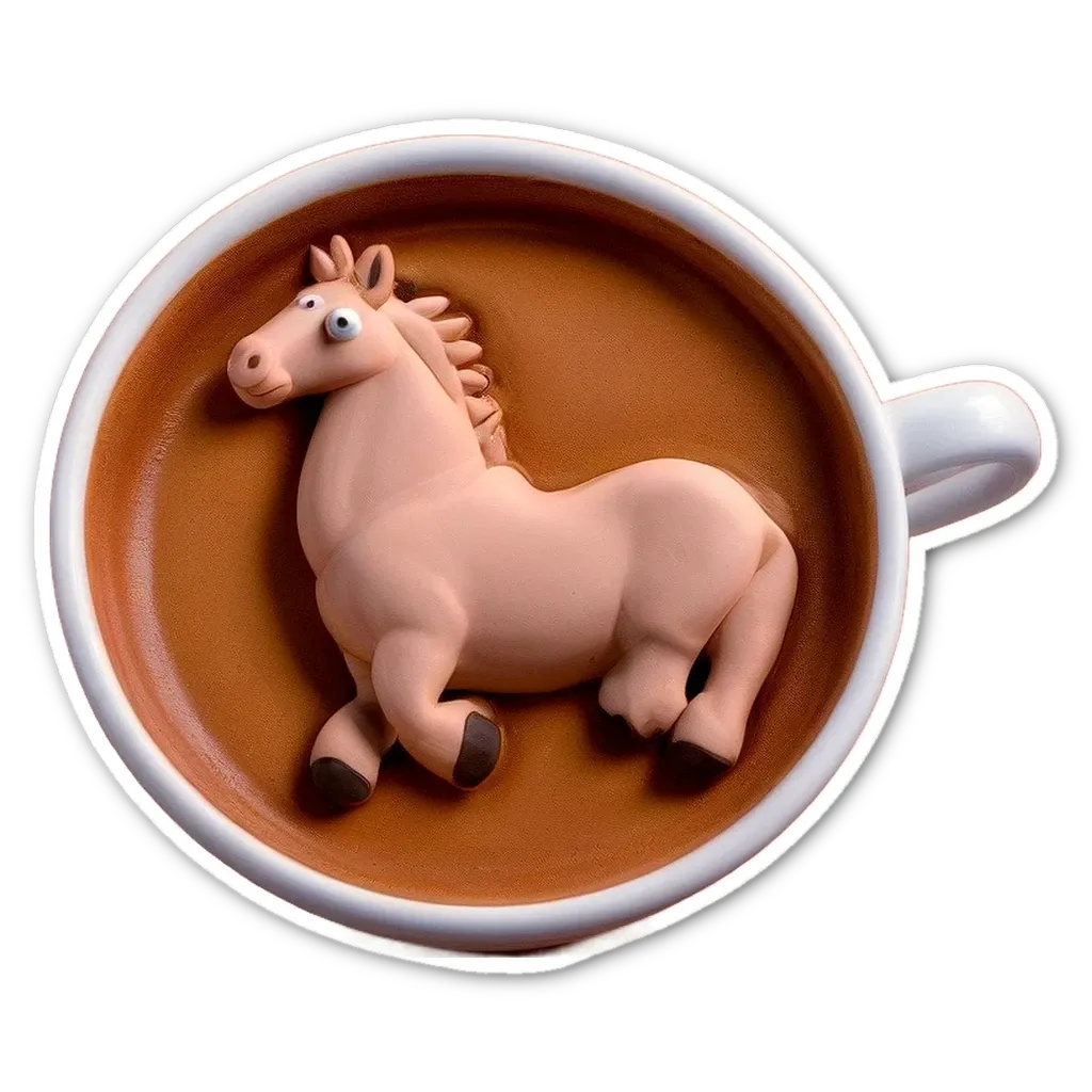 A coffee cup with a horse inside is a bit blurry.