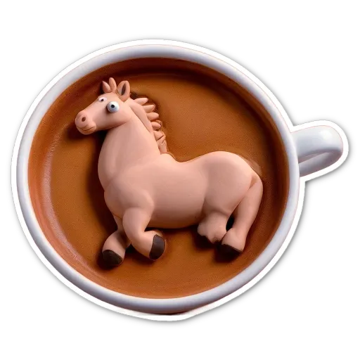 A coffee cup with a horse inside is a bit blurry.