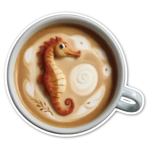 A coffee cup with a seahorse decoration on it.