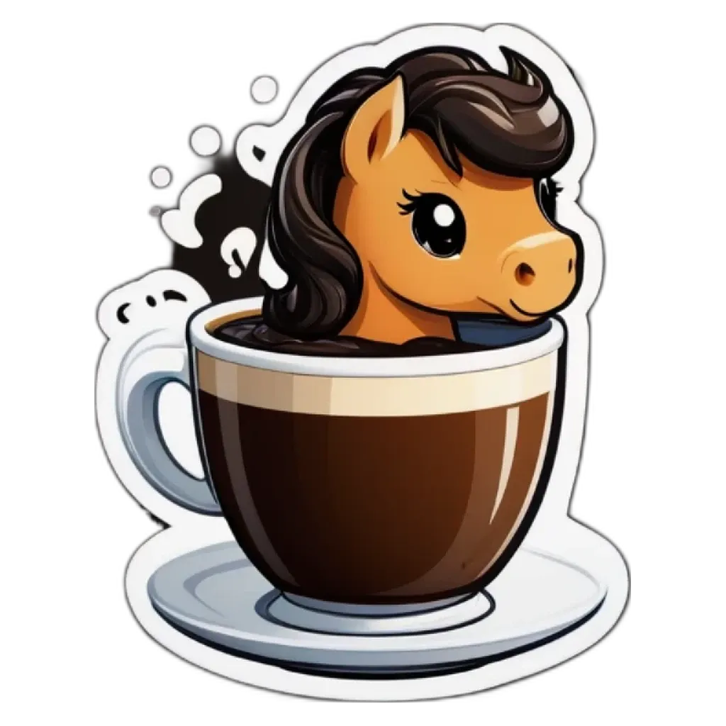 A cartoon coffee cup that has a horse inside of it.