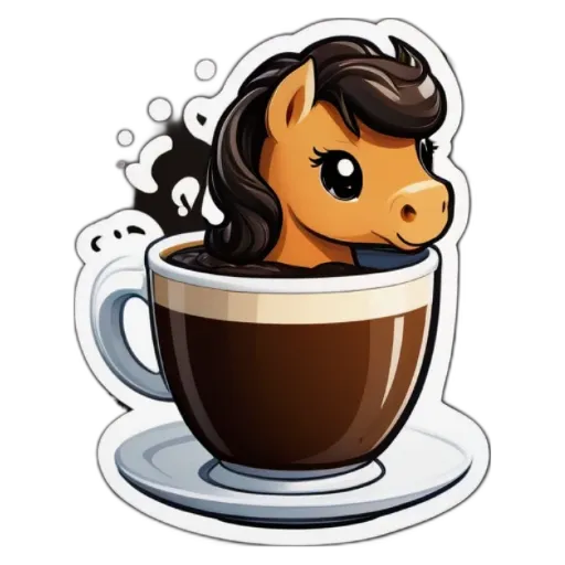 A cartoon coffee cup that has a horse inside of it.