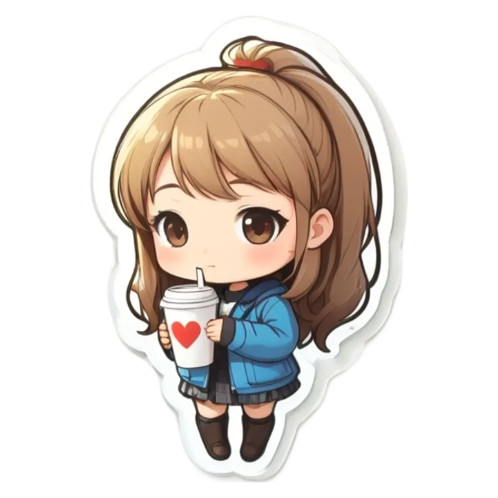 A girl in a blue jacket is holding a heart shaped drink.