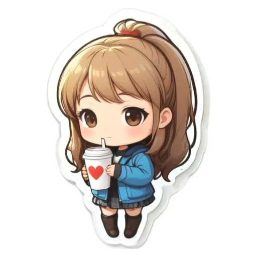 A girl in a blue jacket is holding a heart shaped drink.