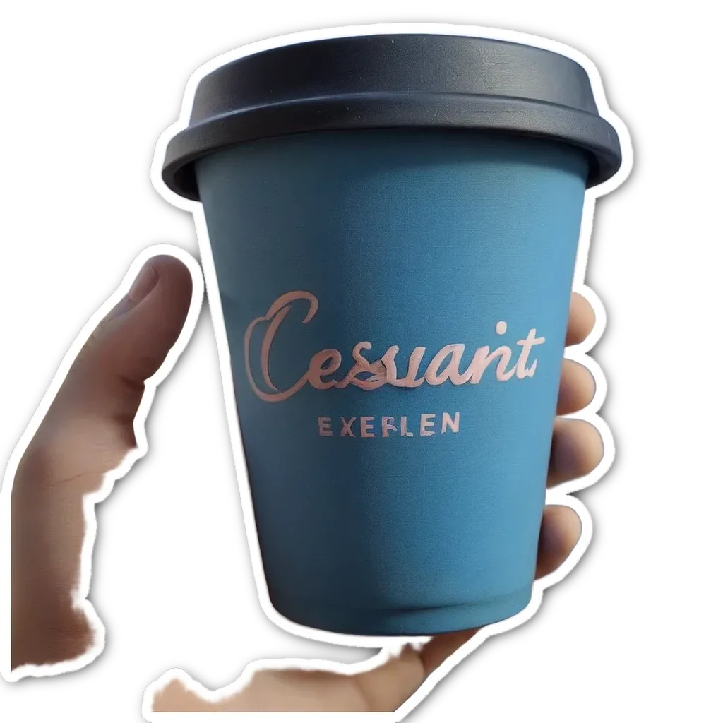 A hand holding a blue coffee cup with the wordcesant exeterken on it.