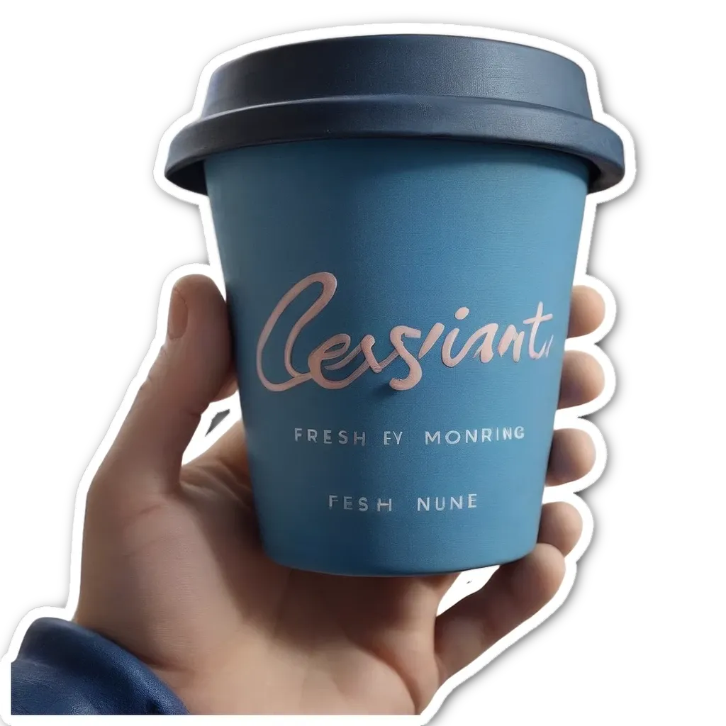 A hand holding a blue coffee cup that says "assiant" on it.