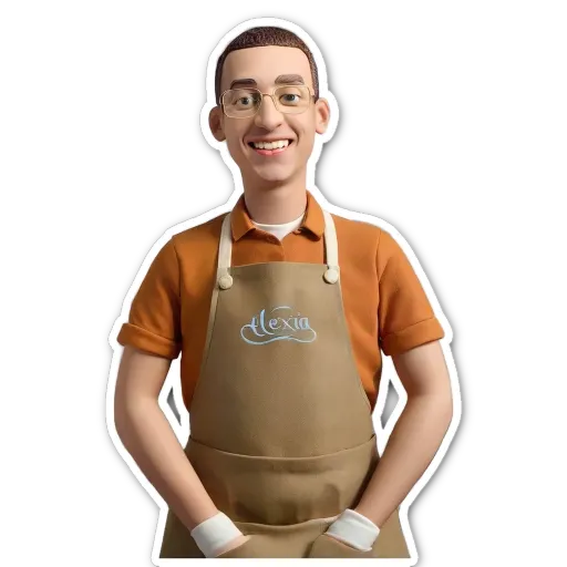 A man with a apron that has the word Alex on it.