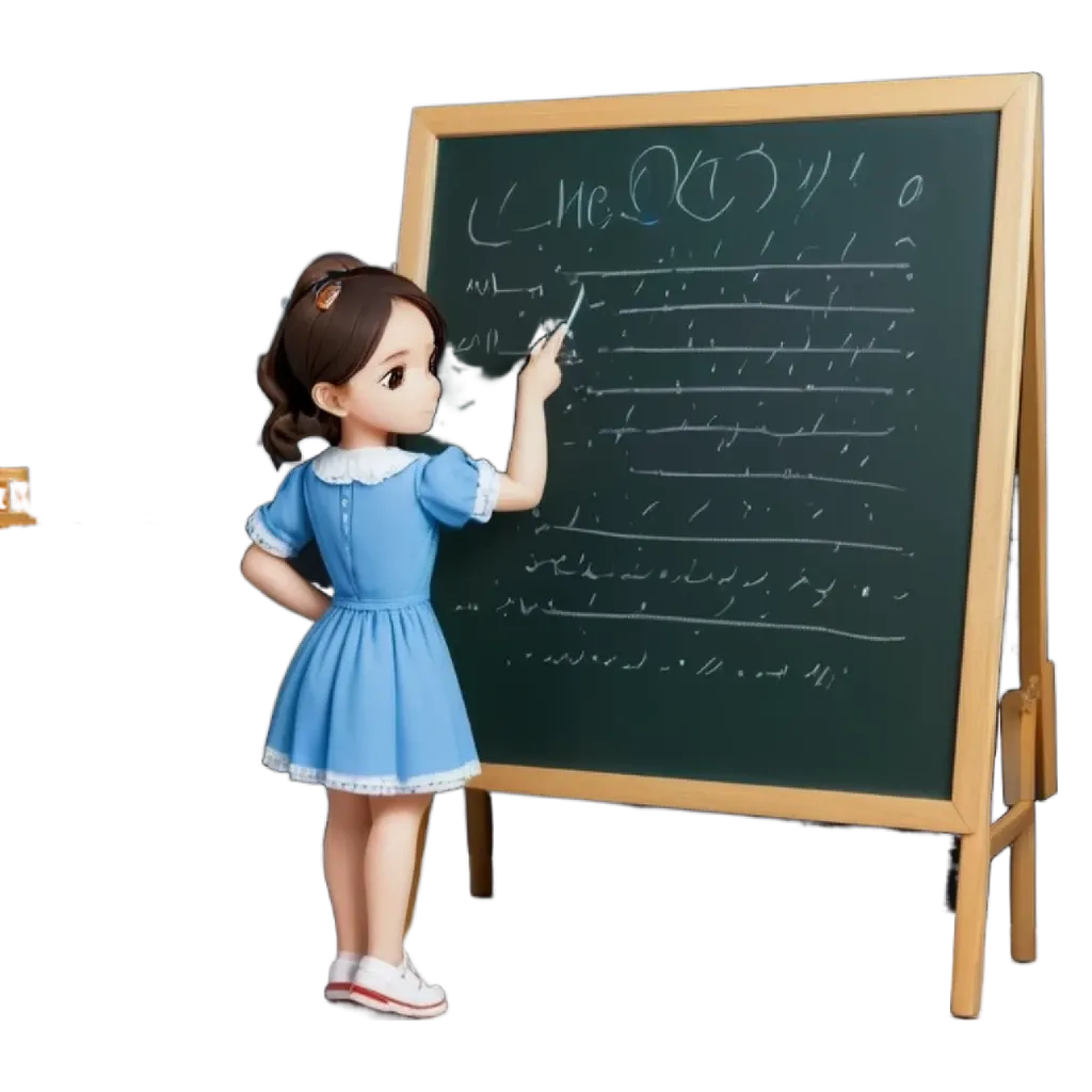 A chalkboard with writing on it being pointed at by a small girl.