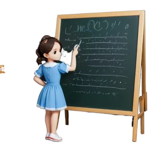 A chalkboard with writing on it being pointed at by a small girl.