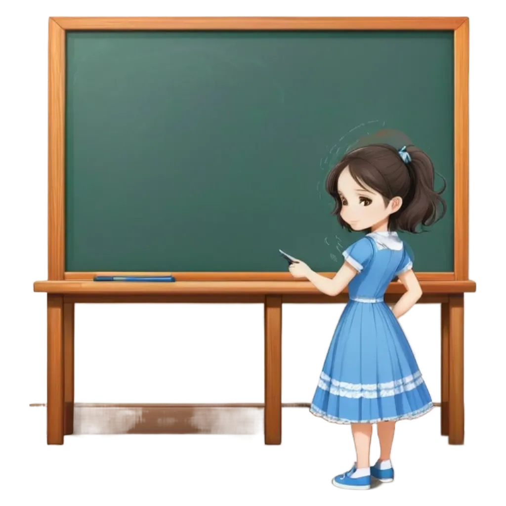 A girl wearing a blue dress standing in front of a blackboard.