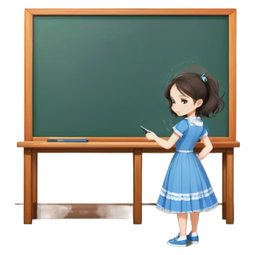 A girl wearing a blue dress standing in front of a blackboard.