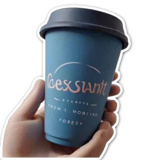 A hand holding a blue coffee cup with the words fresh and moring just below.