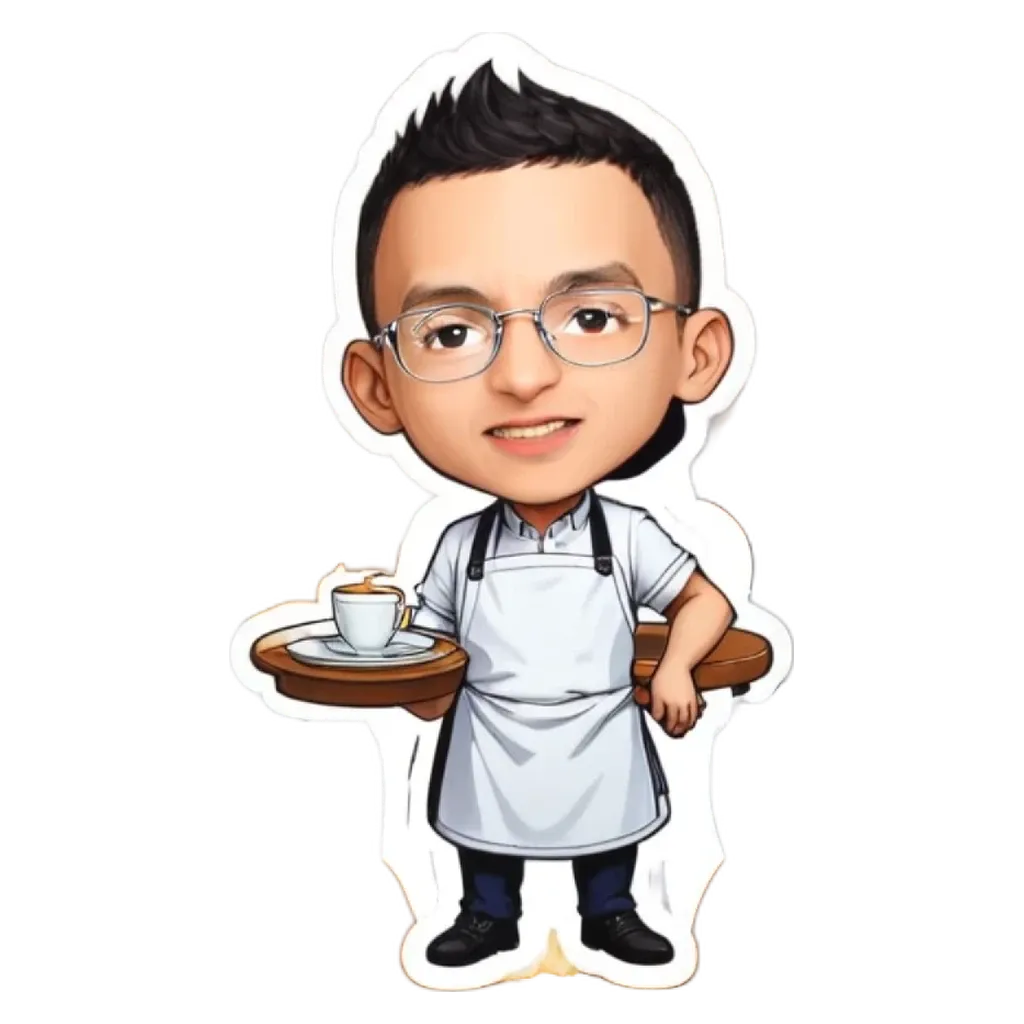 A cartoon depiction of a waiter holding a tray with a cup on it.