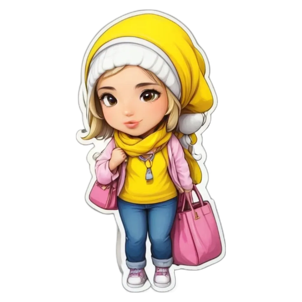 A cartoon picture of a girl wearing a pink and yellow bag.