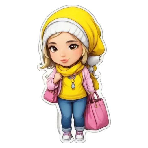 A cartoon picture of a girl wearing a pink and yellow bag.