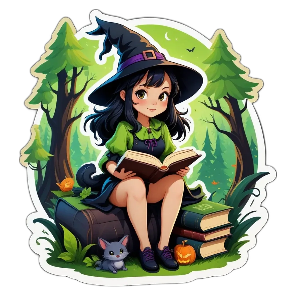 A girl wearing a witch costume and reading a book with a pumpkin on the ground.