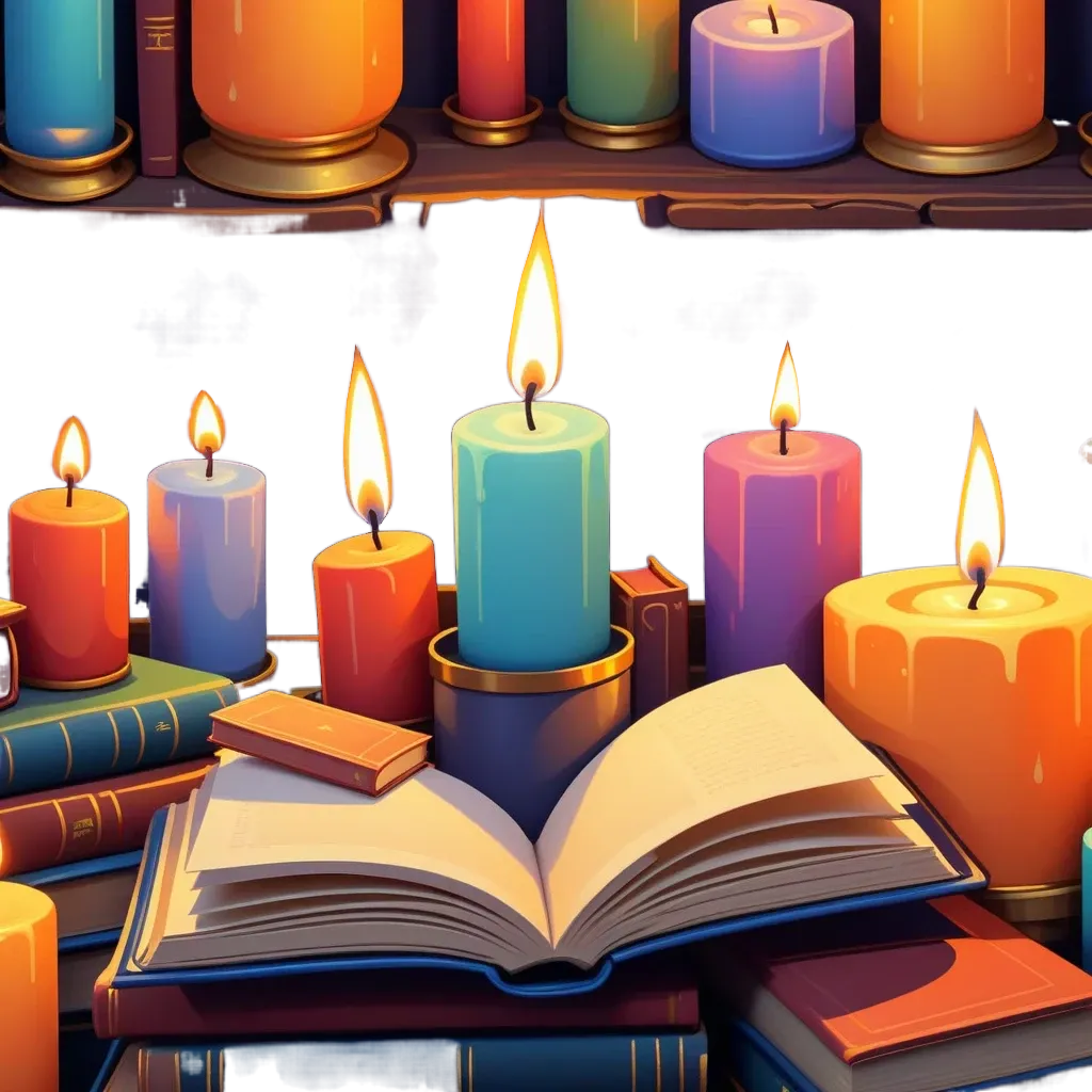 A candle burning on a bookshelf is next to an open book.