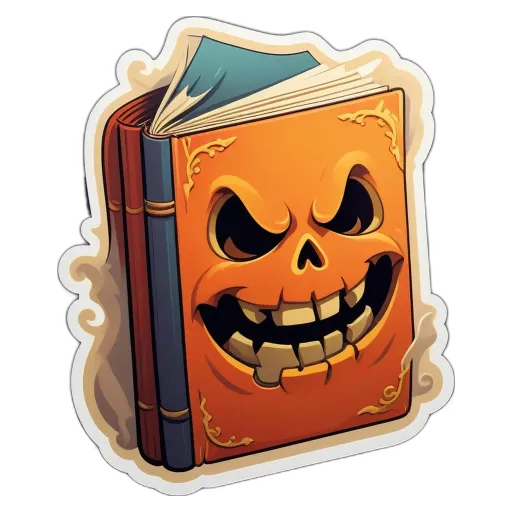 A carved pumpkin is on the cover of a book.