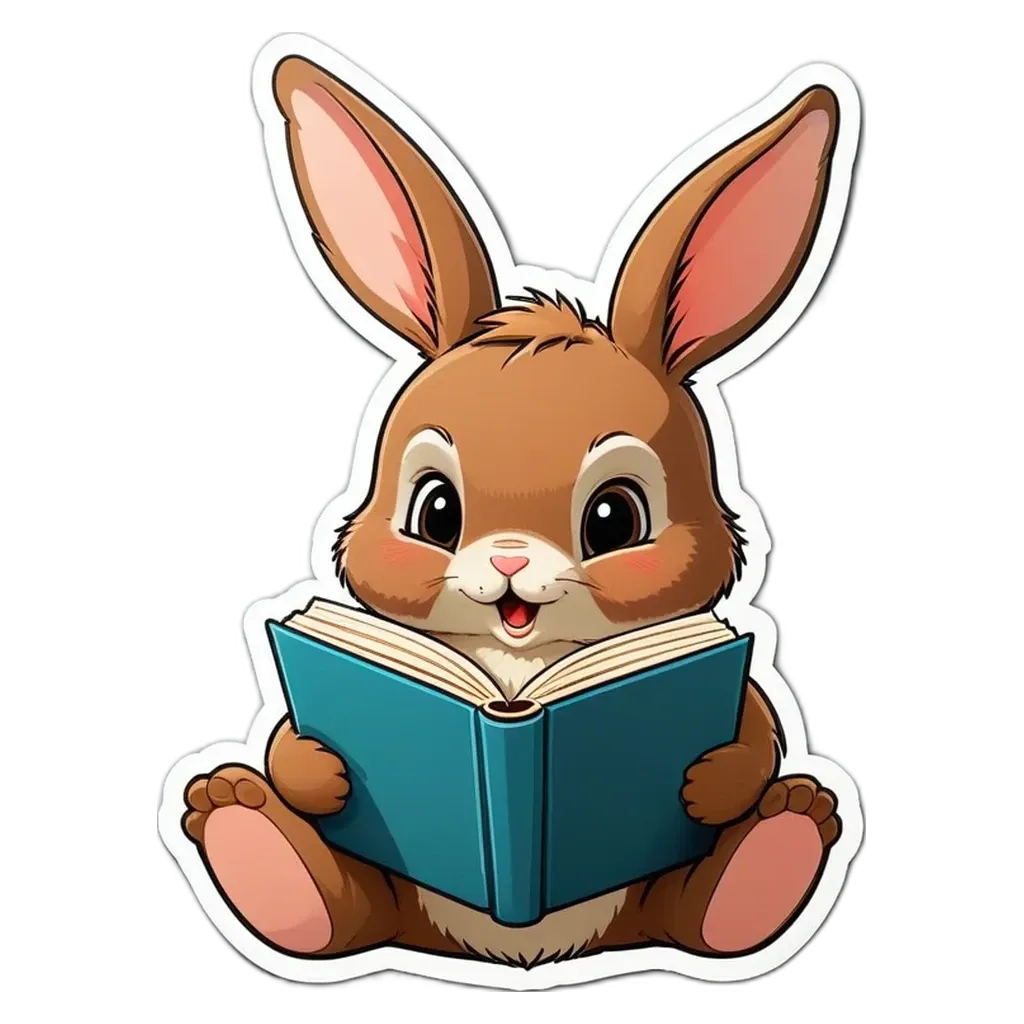 A rabbit reading a book with a smile on its face.