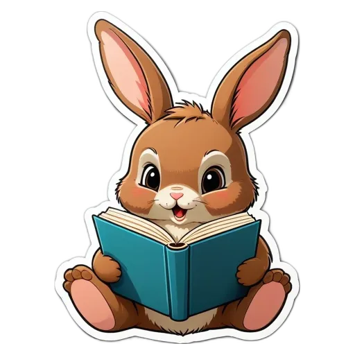 A rabbit reading a book with a smile on its face.