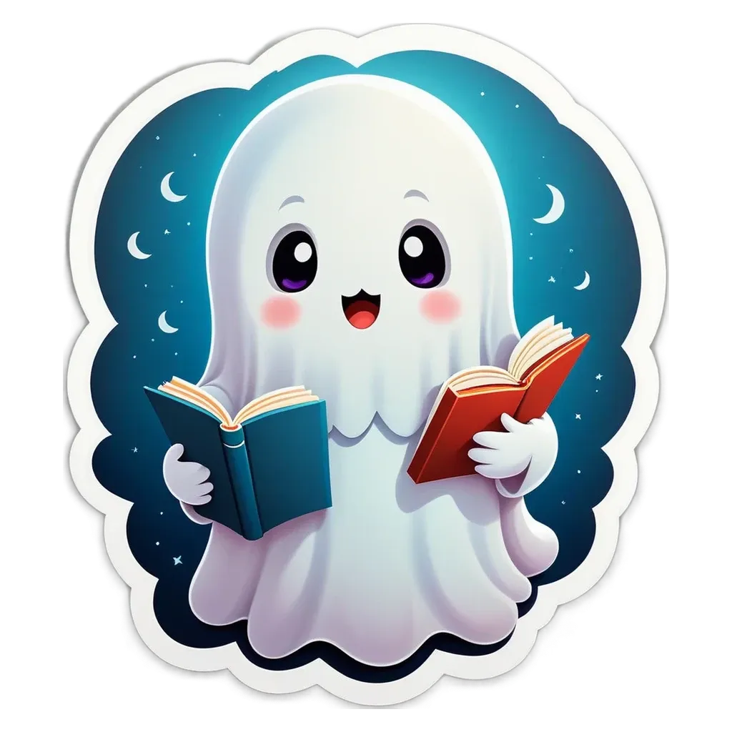 A ghost reading a book with a black and blue spine.