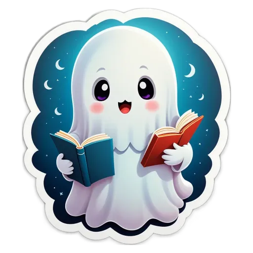 A ghost reading a book with a black and blue spine.