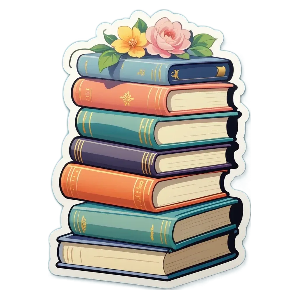 Sticker of a stack of books with a flower on the top one.