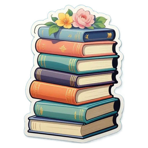 Sticker of a stack of books with a flower on the top one.