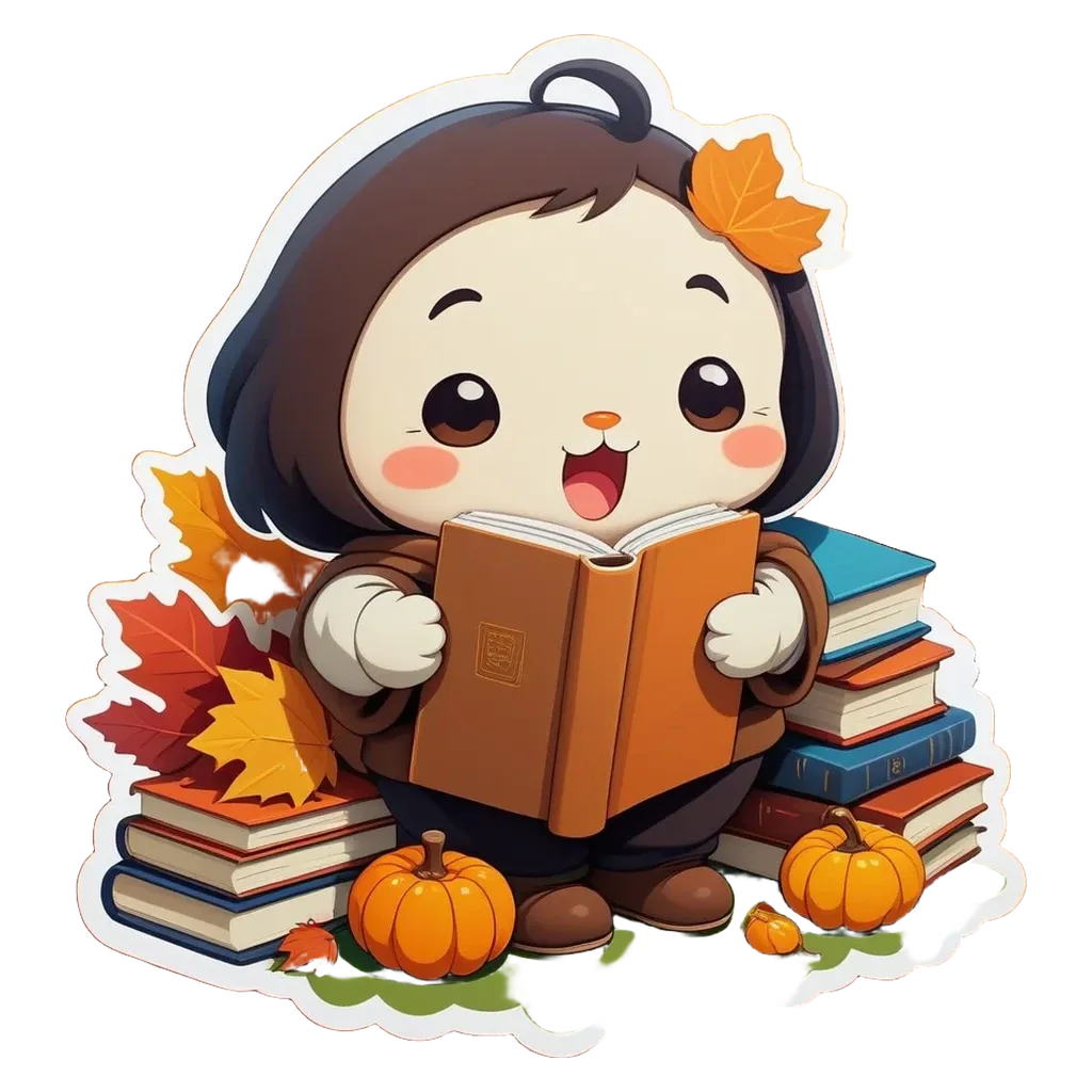 A character that is reading a book with a pumpkin in front of it.