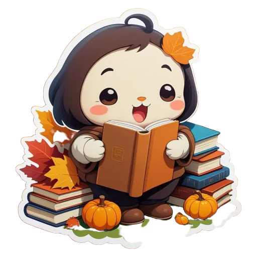 A character that is reading a book with a pumpkin in front of it.