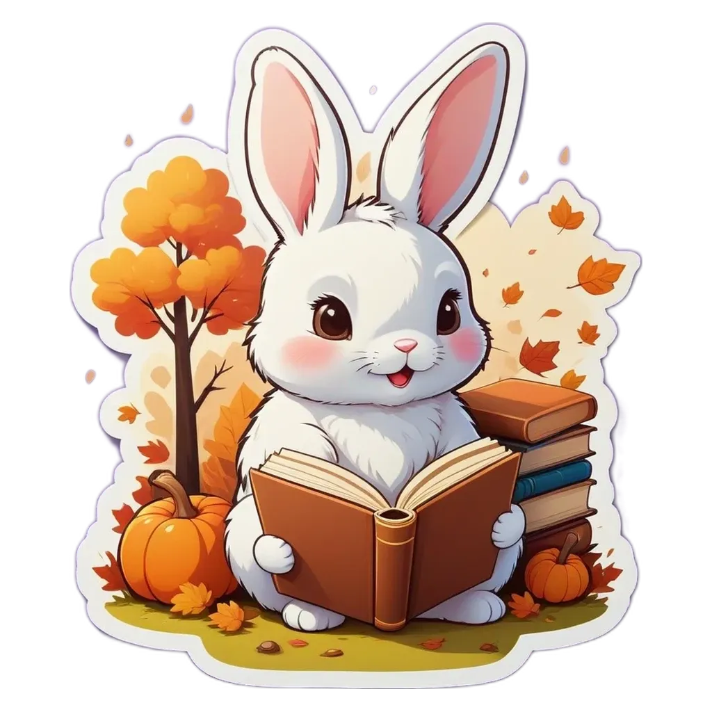 A rabbit that is reading a book in the outdoors.